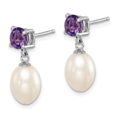 Sterling Silver Rhodium-plated 7-8mm White Teardrop Freshwater Cultured Pearl and .84AM Amethyst Post Dangle Earrings