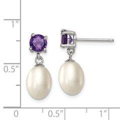 Sterling Silver Rhodium-plated 7-8mm White Teardrop Freshwater Cultured Pearl and .84AM Amethyst Post Dangle Earrings