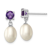 Sterling Silver Rhodium-plated 7-8mm White Teardrop Freshwater Cultured Pearl and .84AM Amethyst Post Dangle Earrings