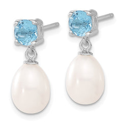 Sterling Silver Rhodium-plated 7-8mm White Teardrop Freshwater Cultured Pearl and 1.30BT Blue Topaz Post Dangle Earrings