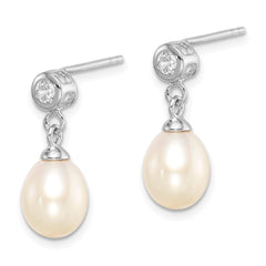 Sterling Silver Rhodium-plated 7-8mm White Rice Freshwater Cultured Pearl and CZ Post Dangle Earrings - 7