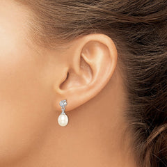 Sterling Silver Rhodium-plated 7-8mm White Rice Freshwater Cultured Pearl and CZ Post Dangle Earrings - 7