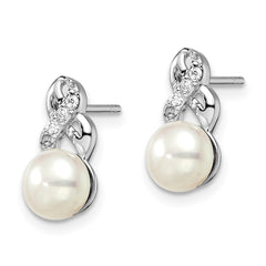 Sterling Silver Rhodium-plated 6-7mm White Button Freshwater Cultured Pearl and CZ Post Earrings - 2