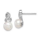 Sterling Silver Rhodium-plated 6-7mm White Button Freshwater Cultured Pearl and CZ Post Earrings - 2