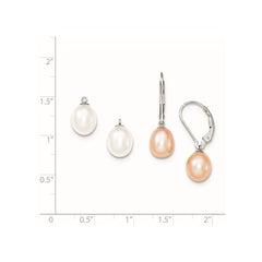 Sterling Silver Rhodium-plated 7-8mm Pink and White Rice Freshwater Cultured Pearl Leverback 2-piece Enhancer Set