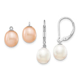 Sterling Silver Rhodium-plated 7-8mm Pink and White Rice Freshwater Cultured Pearl Leverback 2-piece Enhancer Set