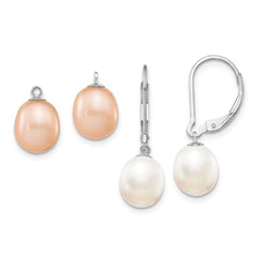 Sterling Silver Rhodium-plated 7-8mm Pink and White Rice Freshwater Cultured Pearl Leverback 2-piece Enhancer Set