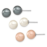 Sterling Silver Rhodium-plated 10-11mm Black, White and Pink Round Imitation Shell Pearl Set of 3 Post Earrings