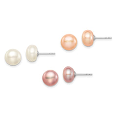 Sterling Silver Rhodium-plated 8-9mm White, Pink and Purple Button Freshwater Cultured Pearl Set of 3 Post Earrings