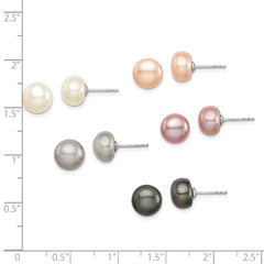 Sterling Silver Rhodium-plated 8-9mm Pink, White, Purple, Grey and Black Button Freshwater Cultured Pearl Set of 5 Post Earrings