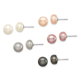 Sterling Silver Rhodium-plated 8-9mm Pink, White, Purple, Grey and Black Button Freshwater Cultured Pearl Set of 5 Post Earrings