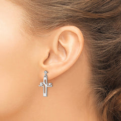 Sterling Silver Rhod-plated Polished JESUS Cross Post Dangle Earrings