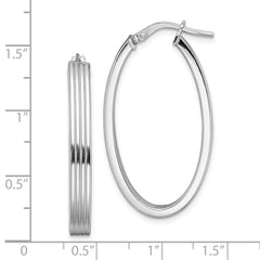Sterling Silver Rhod-plated Polished & Striped 4mm Oval Hoop Earrings