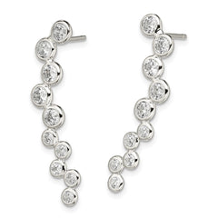 Sterling Silver Rhod-plated Polished Bezel CZ Post Ear Climber Earrings