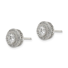 Sterling Silver Rhod-plated Polished Pavâ CZ Halo Round Post Earrings
