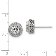 Sterling Silver Rhod-plated Polished Pavâ CZ Halo Round Post Earrings