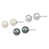 Sterling Silver Rhodium-plated 10-11mm White and Grey 10-11mm Round Imitation Shell Pearl and Ball Stet of 3 Post Earrings