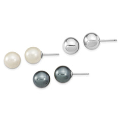 Sterling Silver Rhodium-plated 10-11mm White and Grey 10-11mm Round Imitation Shell Pearl and Ball Stet of 3 Post Earrings