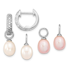Sterling Silver Rhodium-plated 7-8mm Pink and White Rice Freshwater Cultured Pearl and CZ Interchangeable Post Earrings Set