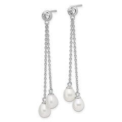 Sterling Silver Rhodium-plated 6-7mm White Rice Freshwater Cultured Pearl and CZ Post Dangle Earrings