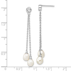 Sterling Silver Rhodium-plated 6-7mm White Rice Freshwater Cultured Pearl and CZ Post Dangle Earrings