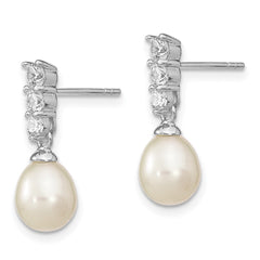 Sterling Silver Rhodium-plated 7-8mm White Rice Freshwater Cultured Pearl and CZ Post Dangle Earrings - 8