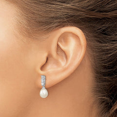 Sterling Silver Rhodium-plated 7-8mm White Rice Freshwater Cultured Pearl and CZ Post Dangle Earrings - 8