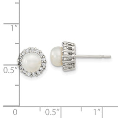 Sterling Silver Rhodium-plated CZ Synthetic Pearl Post Earrings