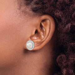 Sterling Silver Rhodium-plated 10-11mm White Button Freshwater Cultured Pearl and CZ Post Earrings