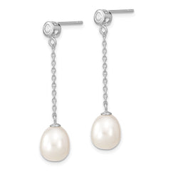 Sterling Silver Rhodium-plated 8-9mm White Rice Freshwater Cultured Pearl and CZ Post Dangle Earrings - 2