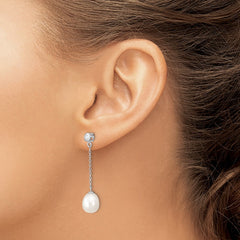 Sterling Silver Rhodium-plated 8-9mm White Rice Freshwater Cultured Pearl and CZ Post Dangle Earrings - 2