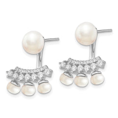 Sterling Silver Rhodium-plated 5-8mm White Button Freshwater Cultured Pearl and CZ Post Earrings with Earring Jackets