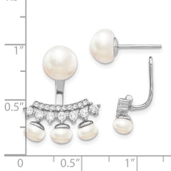 Sterling Silver Rhodium-plated 5-8mm White Button Freshwater Cultured Pearl and CZ Post Earrings with Earring Jackets