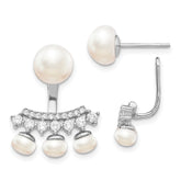 Sterling Silver Rhodium-plated 5-8mm White Button Freshwater Cultured Pearl and CZ Post Earrings with Earring Jackets
