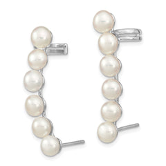 Sterling Silver Rhodium-plated 5-6mm White Button Freshwater Cultured Pearl Post Ear Climber and Cuff Earrings