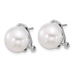 Sterling Silver Rhodium-plated 12-13mm White Button Freshwater Cultured Pearl Omega Back Earrings