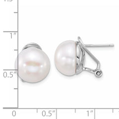 Sterling Silver Rhodium-plated 12-13mm White Button Freshwater Cultured Pearl Omega Back Earrings