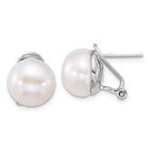 Sterling Silver Rhodium-plated 12-13mm White Button Freshwater Cultured Pearl Omega Back Earrings