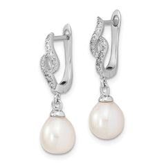 Sterling Silver Rhodium-plated 7-8mm White Teardrop Freshwater Cultured Pearl and CZ Dangle Leverback Earrings - 2