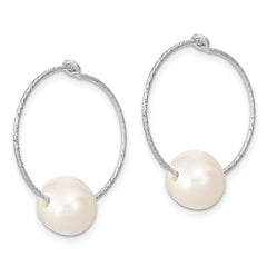 Sterling Silver Rhodium-plated 8-9mm White Round Freshwater Cultured Pearl Hoop Earrings