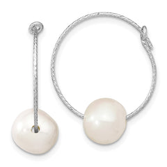 Sterling Silver Rhodium-plated 8-9mm White Round Freshwater Cultured Pearl Hoop Earrings