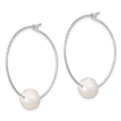 Sterling Silver Rhodium-plated 8-9mm White Semi-Round Freshwater Cultured Pearl Hoop Earrings