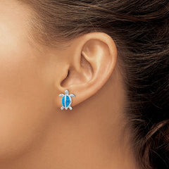 Sterling Silver Rhodium-plated Polished Blue Created Opal Polished Turtle Post Earrings