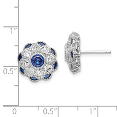 Sterling Silver RH Plated CZ and Synthetic Blue Spinel Flower Post Earrings