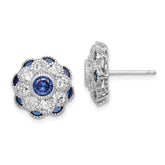 Sterling Silver RH Plated CZ and Synthetic Blue Spinel Flower Post Earrings