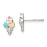 Sterling Silver Rhodium-plated Polished & Textured Multi-color Enameled Ice Cream Cone Children's Post Earrings