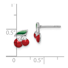 Sterling Silver Rhodium-plated Polished Red & Green Enameled Cherries Children's Post Earrings