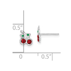 Sterling Silver Rhodium-plated Polished Red & Green Crystal Cherries Children's Post Earrings