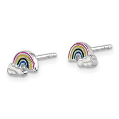 Sterling Silver Rhodium-plated Polished & Multi-color Enameled Rainbow & Clouds Children's Post Earrings