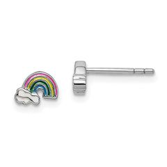 Sterling Silver Rhodium-plated Polished & Multi-color Enameled Rainbow & Clouds Children's Post Earrings